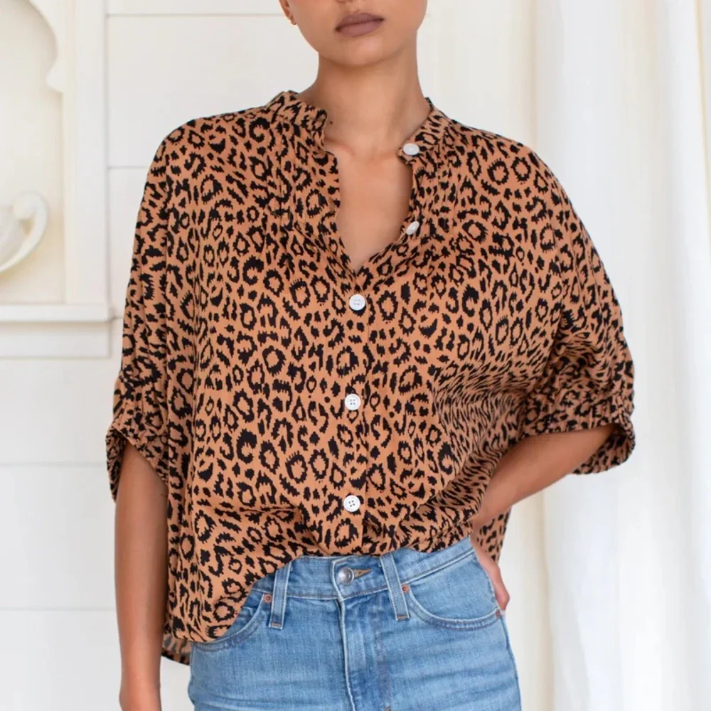Emerson Fry Mandarin Collar Top in Vintage Leopard - Picture 1 of 7